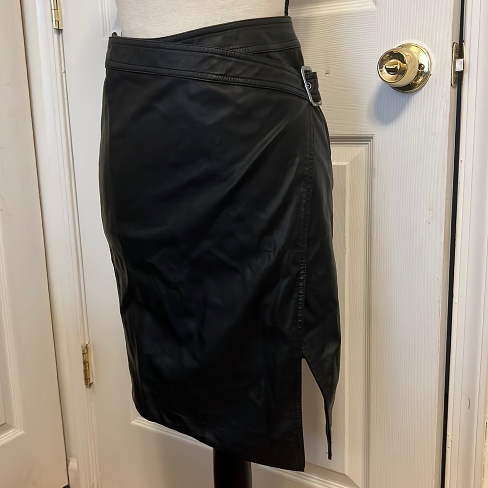 Asymmetric waist Leather Midi Skirt